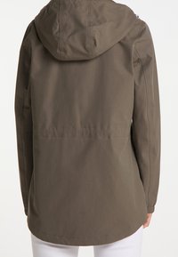 Veste à capuche vert olive en tissu lisse et léger. Elle est dotée de manches longues et d'un ourlet arrondi. Design simple et épuré sans embellissements.