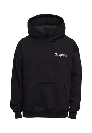 Sweat à capuche noir avec poche frontale et texte "Dropsize" de style gothique rose sur la poitrine supérieure.