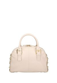 Borsa a mano in pelle beige con dettagli in metallo dorato, forma rotonda, doppio manico e accenti decorativi sui lati. Chiusura con zip sulla parte superiore.
