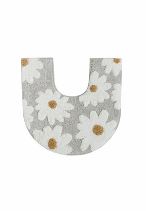 Toilet contour rug with gray background and white daisy flowers with beige centers, designed to fit around toilet base.