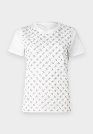 Tricou alb din bumbac cu un model gri repetitiv de forme întrețesute. Guler clasic și mâneci scurte. Textură moale.