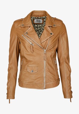 Tan leren motorjack met asymmetrische ritsen, ritssluitingen en een leopardprint voering. Beschikt over een drukknoopkraag en een gecreëerde afwerking.