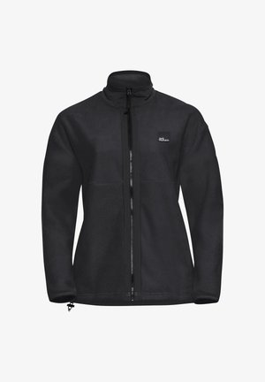 Schwarze Fleece-Jacke mit hohem Kragen, durchgehendem Reißverschluss und elastischen Bündchen. Ausgestattet mit einem Logo-Aufnäher im linken Brustbereich. Weiche Textur.