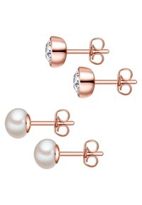 Rose gold stud earrings featuring two pairs: one with a round faux pearl and another with a round clear crystal in a bezel setting.