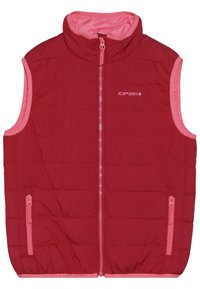 Červená zateplená vesta s růžovými akcenty, má vysoký límec, přední zip a dvě boční kapsy. Prošívanýdesign přidává texturu.