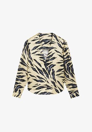 Long-sleeve, beige blouse featuring a black and gray tiger stripe pattern, a V-neckline, and button closure down the front. Soft fabric texture.