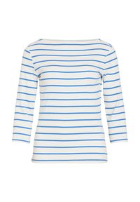 Λευκό πουκάμισο με μακριά μανίκια, οριζόντιες μπλε ρίγες και φαρδιά λαιμόκοψη σε σχήμα καραβιού, παρουσια σμένο πάνω σε απλό λευκό φόντο.