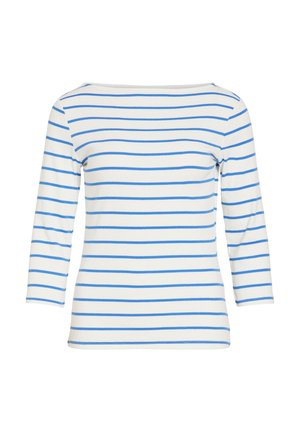 Balti ilgomis rankovėmis palaidinė su horizontaliomis mėlynomis juostelėmis ir plačia valtine iškirpte, pristatyta paprasto balto fono fone.