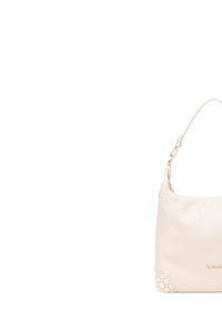 Cremfarbene Lederhandtasche mit einer geschwungenen Form, verstellbarem Schulterriemen und einem strukturierten Boden, der mit einem kontrastierenden Musterakzent versehen ist.