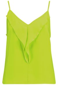 Top verde lima sin mangas con escote en V, que presenta un frente decorativo con volantes y finas tiras ajustables en los hombros. Tejido liso y ligero.