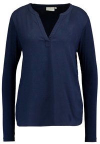 Dunkelblaues Langarmoberteil mit V-Ausschnitt und einem kleinen Knopfdetail. Hergestellt aus einem glatten Stoff mit lockerer Passform.