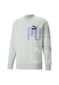 Sudadera gris de suave mezcla de algodón, con cuello redondo, mangas largas, letras "PUMA" en azul y acentos de logo.