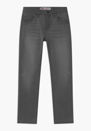 Gray tapered jeans made from denim, featuring a five-pocket design and subtle fading. Straight cut with a clean hem.