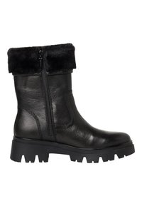 Bottines en cuir noir avec un revers en fausse fourrure, fermeture éclair sur le côté, finition texturée, semelle en caoutchouc épaisse et motif de crampon prononcé.