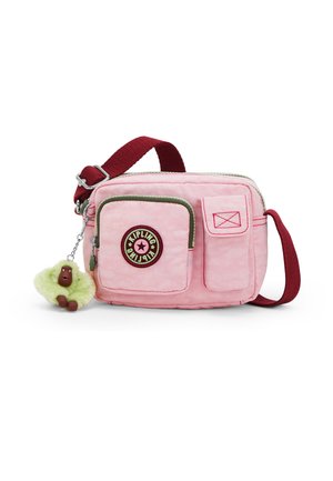 Kleine roze crossbody tas met meerdere vakken, donkerrode verstelbare band en een pluizige groene apenjessleutelhanger eraan bevestigd.