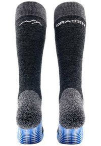 Graue knielange Socken mit verstärkten Fersen, die am Bündchen ein blaues kariertes Muster und weiße Logopunkte aufweisen. Strukturiertes Finish.