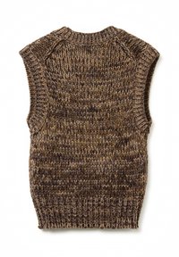 Braune und beige gestrickte ärmellose Weste mit gerippten Rändern und einem strukturierten Muster, flach auf einem weißen Hintergrund ausgelegt.