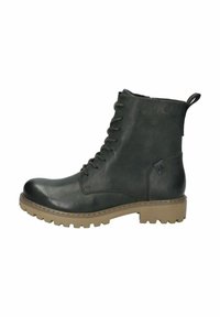 Bottines à lacets noires en cuir avec une finition texturée, semelle en caoutchouc et une languette au talon pour un enfilage facile.