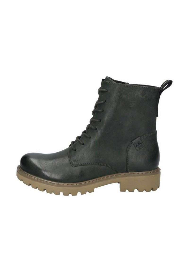 Czarne botki za kostkę sznurowane, wykonane ze skóry o teksturowanym wykończeniu, z gumową podeszwą i pętelką na pięcie ułatwiającą zakładanie.