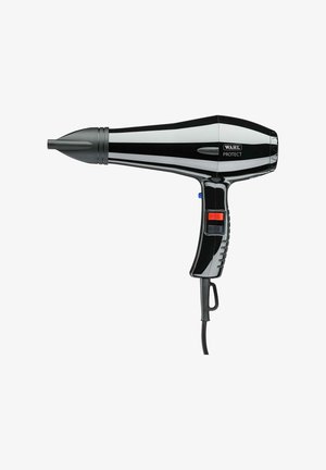 Schwarz-silberner Haartrockner mit einem schlanken Design, ausgestattet mit einer verjüngten Düse, einem strukturierten Griff und einem Ein-/Ausschalter am Handgriff.