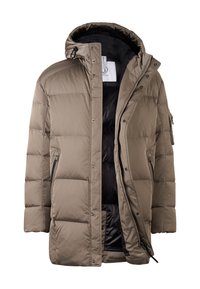 Puffer jacket in tan with a hood, featuring a front zip closure, two side zip pockets, and a black inner lining.