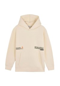 Sudadera color crema hecha de suave algodón, con un bolsillo frontal, una capucha grande y estampados gráficos en naranja y verde en la parte delantera.