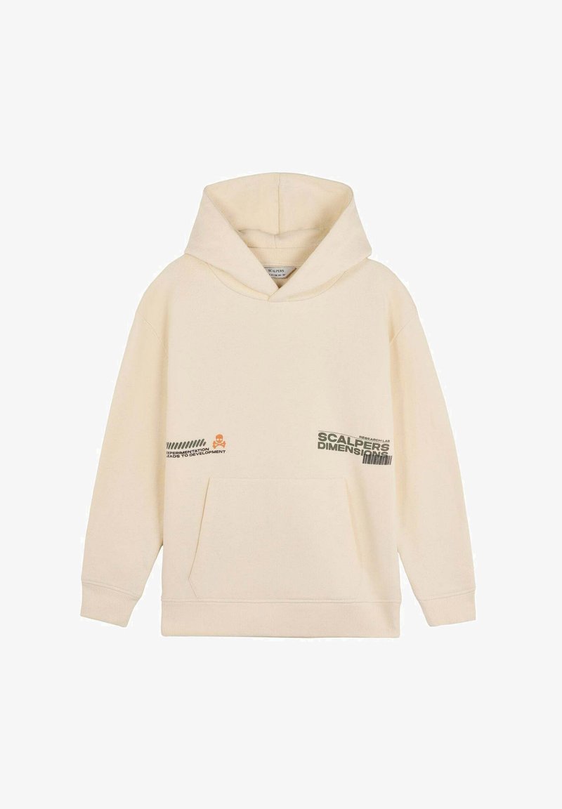 Sudadera color crema hecha de suave algodón, con un bolsillo frontal, una capucha grande y estampados gráficos en naranja y verde en la parte delantera.