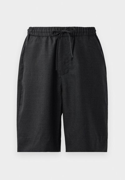 Schwarze, knielange Shorts mit elastischem Bund und Kordelzug. Glatte Textur mit zwei Seitentaschen, schlichtes Design und ohne sichtbare Muster.