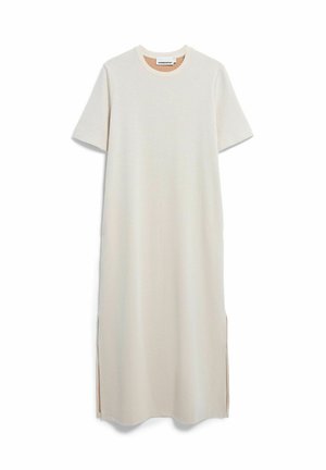 Korte mouwen, knielange jurk in lichtbeige katoen met een ronde hals en zijslits, met een contrasterend detail in de halslijn van een andere kleur.