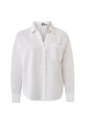White linen shirt with a button-up front, long sleeves, and a chest pocket. Features a classic collar and a relaxed fit.
