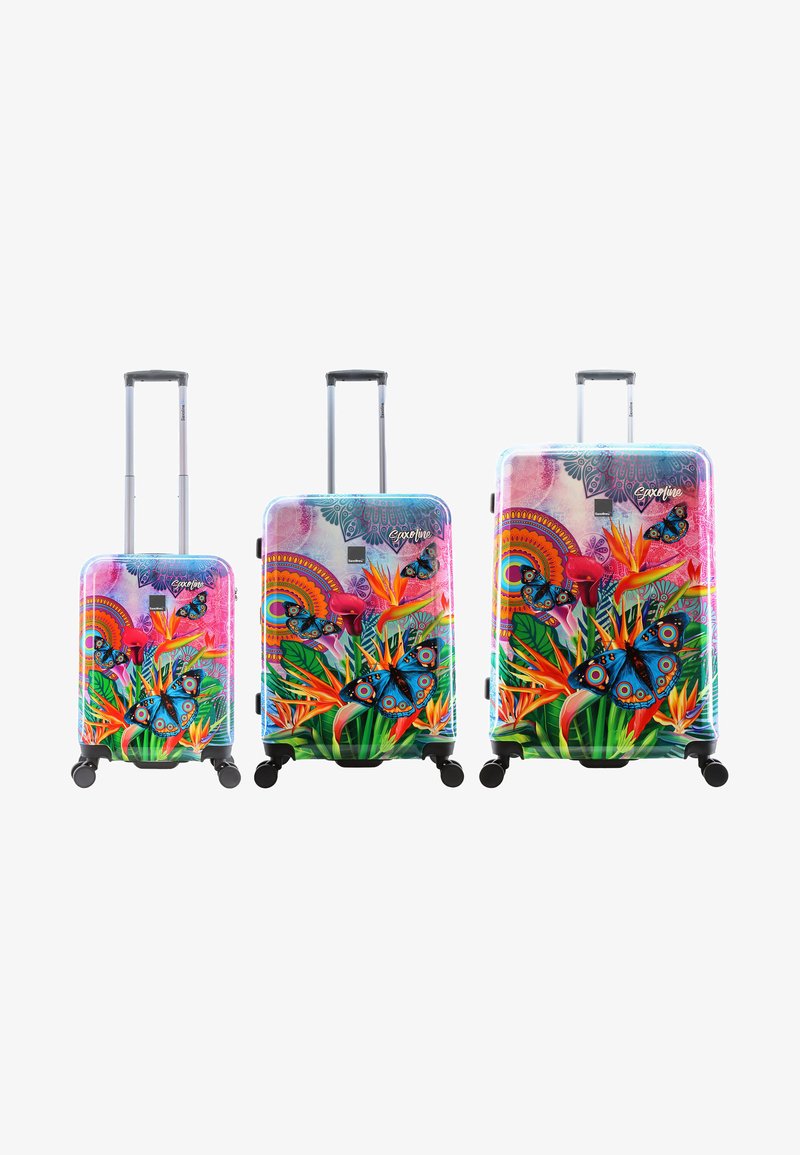 Three hardshell suitcases in varying sizes with colorful floral and butterfly designs, featuring silver handles and multi-directional wheels.