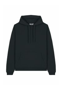 Felpa nera con cappuccio realizzata in morbido tessuto, dotata di tasca a marsupio e polsini e orlo a coste. Design semplice senza motivi visibili.