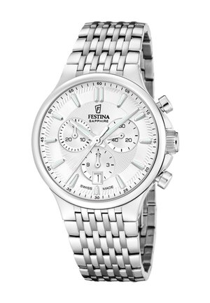 Silver Festina sapphire chronograph watch with white dial, three subdials, date window, and metal link bracelet.