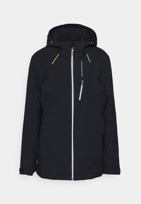 Giacca nera impermeabile con zip frontale, cappuccio regolabile e corde di accento gialle. Include tasche laterali e una finitura testurizzata.