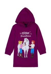 Felpa con cappuccio viola che presenta due ragazze cartoon che si prendono cura di un cavallo bianco. Il testo "Pferde Freundinnen" e grafiche giocose decorano la parte anteriore.