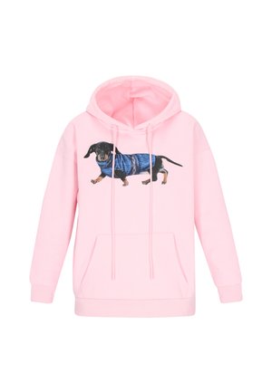 Sudadera rosa con capucha ajustable y bolsillo frontal que presenta una imagen impresa de un dachshund con un suéter azul. Textura suave.