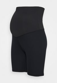 Black maternity shorts with a ribbed texture, featuring a high waistband for support. The fabric appears stretchy and form-fitting.