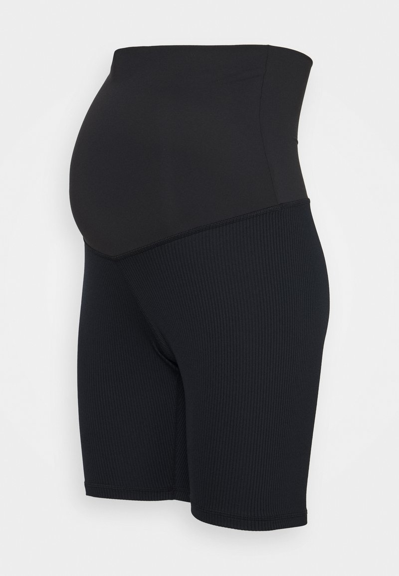 Black maternity shorts with a ribbed texture, featuring a high waistband for support. The fabric appears stretchy and form-fitting.