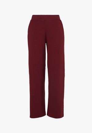 Pantaloni a gamba larga bordeaux con una texture liscia, vita elastica e tasche laterali. Design semplice senza motivi o decorazioni.