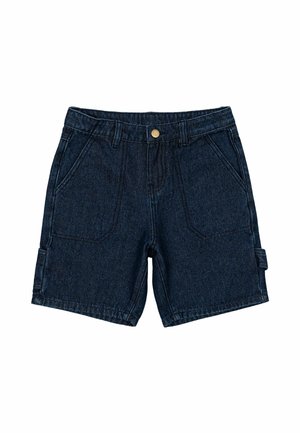 Mørke denimshorts med et klassisk fire-lommerdesign, frontlukning med knap og en sidelukning med trykknap for ekstra funktionalitet.
