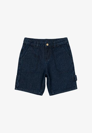 Mørke denimshorts med et klassisk fire-lommerdesign, frontlukning med knap og en sidelukning med trykknap for ekstra funktionalitet.