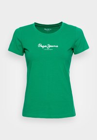 Grünes T-Shirt mit kurzen Ärmeln aus Baumwolle, mit Rundhalsausschnitt und einem weißen "Pepe Jeans London" Logo in der Mitte der Vorderseite.
