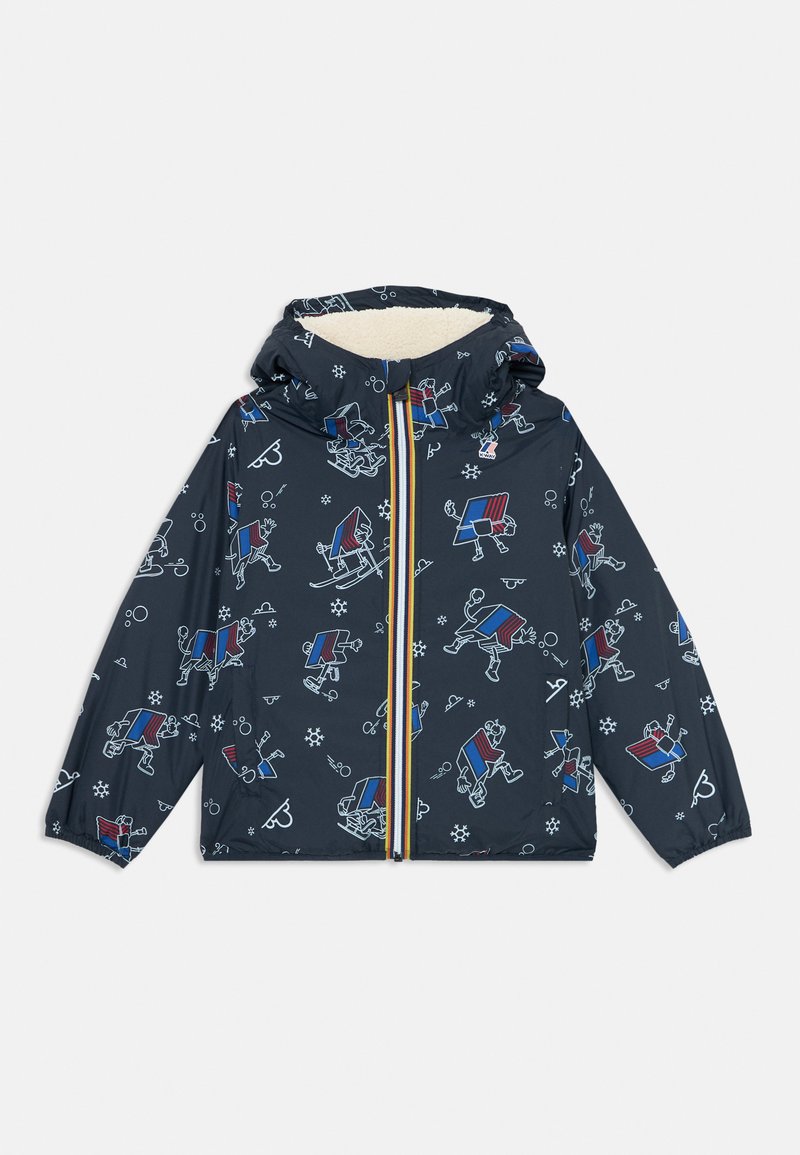 Marineblaue Kinderjacke mit Kapuze, bunten Cartoon-Skiervorlagen, weißem Fleece-Futter und gestreiftem Reißverschluss.
