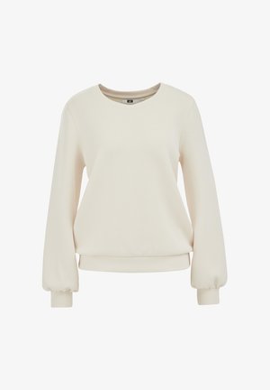 Cream-colored long-sleeve sweatshirt with round neck and elastic cuffs and hem, displayed on a plain white background.