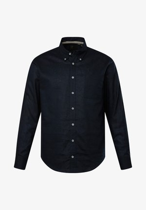 Mørkeblå skjorte med lange ærmer, lavet af struktureret stof, med en brystlomme og hvide knapper.