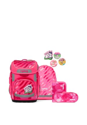 Bright pink ergonomically designed school backpack set with matching pencil case, drawstring bag, and decorative unicorn-themed badges.