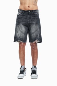 Black denim shorts with distressed hem, featuring curved stitch detailing. Worn with white and gray high-top sneakers.