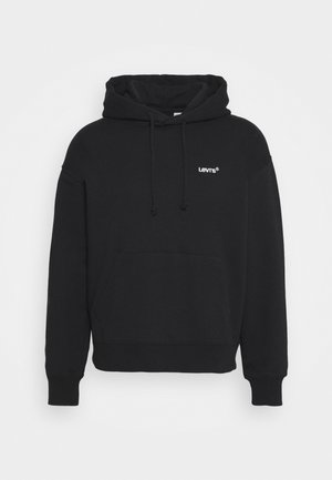 Haut à capuche noir en tissu mélangé coton. Il présente une poche avant, un capuchon avec cordon de serrage et un logo Levi's blanc sur le haut à gauche de la poitrine.