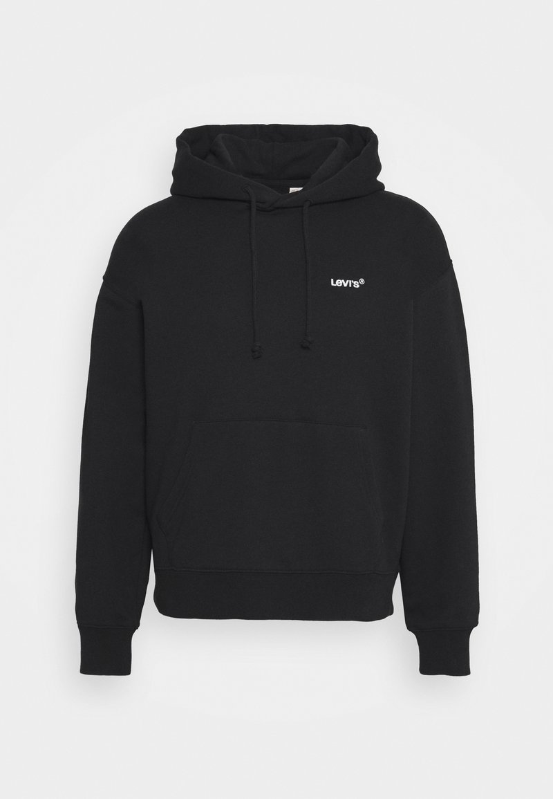 Haut à capuche noir en tissu mélangé coton. Il présente une poche avant, un capuchon avec cordon de serrage et un logo Levi's blanc sur le haut à gauche de la poitrine.