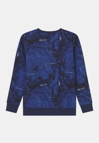 Felpa blu con un motivo testurizzato e grafica bianca. Presenta un colletto a girocollo e polsini a costine, con una vestibilità comoda e maniche lunghe.